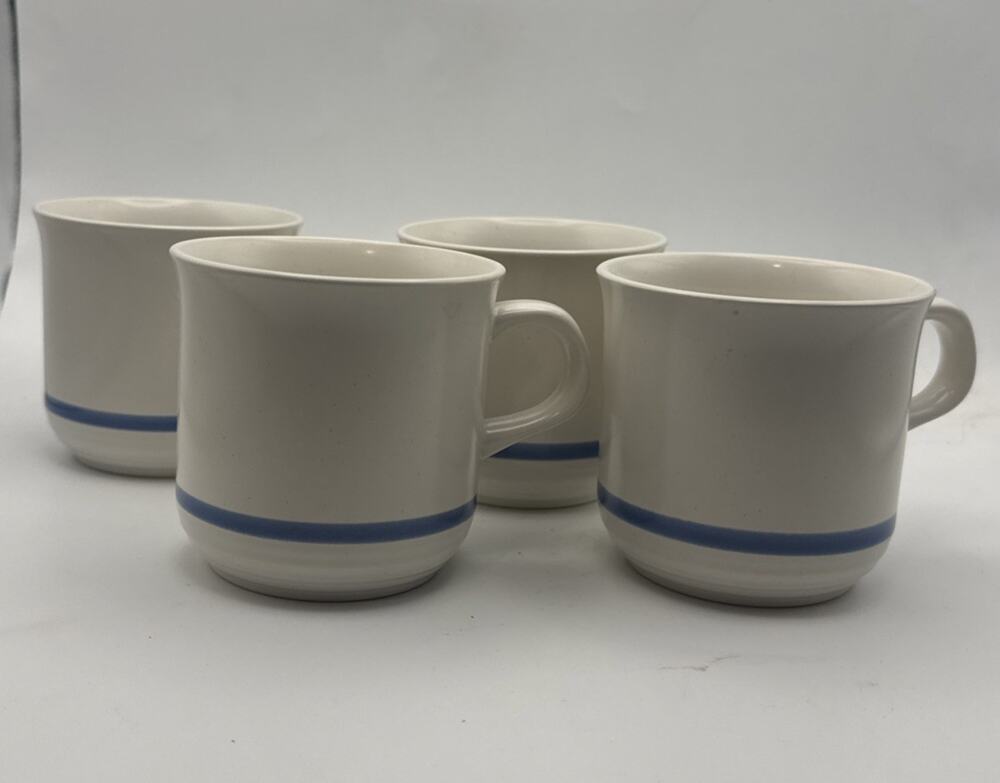 The Cellar RH MACY Coffee Cup Mug White Stoneware w/ Blue Stripe Set Of 4 Japan